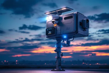 Moderne mobiele beveiligingscamera op telescooppaal met zonnepanelen en LED-indicatoren tegen schemering