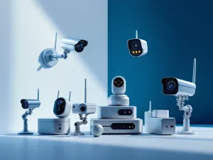 Verschillende mobiele beveiligingscamera's diagonaal gerangschikt: draadloze trail-, zonne-, weerbestendige en 4G-modellen