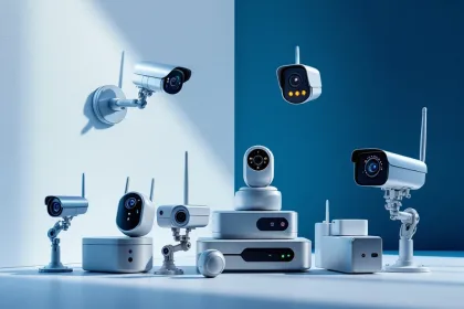 Verschillende mobiele beveiligingscamera's diagonaal gerangschikt: draadloze trail-, zonne-, weerbestendige en 4G-modellen