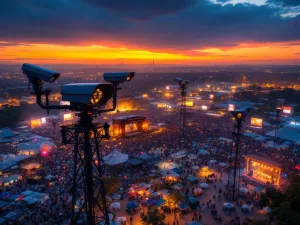 Luchtfoto van groot festival bij zonsondergang met beveiligingscamera's op torens tussen kleurrijke tenten en podia