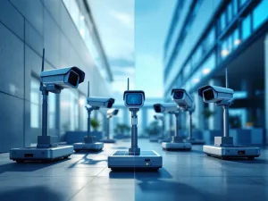 Mobiele beveiligingscamera's met zonnepanelen en draadloze antennes voor kantoorgebouw beveiliging