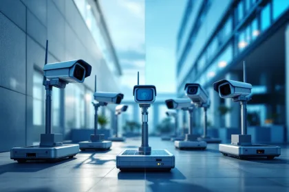 Mobiele beveiligingscamera's met zonnepanelen en draadloze antennes voor kantoorgebouw beveiliging