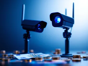 Zwarte mobiele beveiligingscamera's met blauwe LED-indicatoren en eurobankbiljetten op professionele studioachtergrond