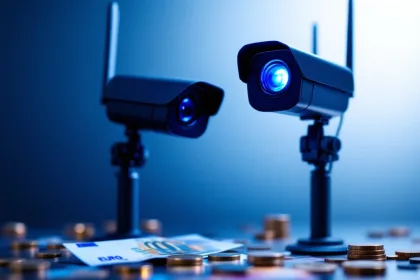 Zwarte mobiele beveiligingscamera's met blauwe LED-indicatoren en eurobankbiljetten op professionele studioachtergrond