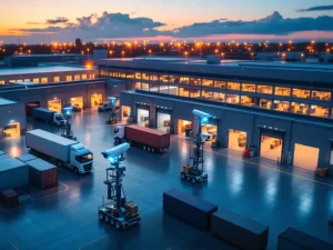 Luchtfoto van modern logistiek magazijncomplex bij schemering met mobiele bewakingscamera's op wieltorens