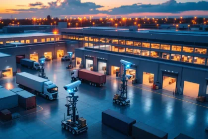 Luchtfoto van modern logistiek magazijncomplex bij schemering met mobiele bewakingscamera's op wieltorens
