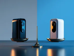 Vergelijking van mobiele beveiligingscamera's met zwarte premium modellen links en witte basismodellen rechts op weegschaal