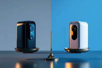 Vergelijking van mobiele beveiligingscamera's met zwarte premium modellen links en witte basismodellen rechts op weegschaal