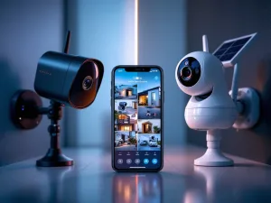 Mobiele beveiligingscamera's vergelijking: zwarte draadloze camera, witte weerbestendige camera met zonnepaneel, smartphone app