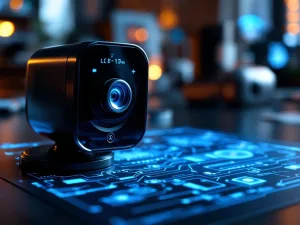 Zwarte beveiligingscamera met blauwe LED-indicatoren op technische blauwdruk met circuitdiagrammen en warme verlichting