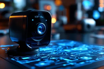 Zwarte beveiligingscamera met blauwe LED-indicatoren op technische blauwdruk met circuitdiagrammen en warme verlichting