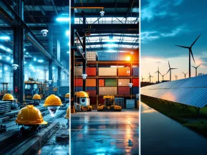 Mobiele beveiligingscamera's geïnstalleerd op bouwplaats, magazijn en energiefaciliteit met zonnepanelen