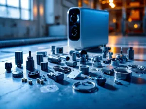 Mobiele camera reserveonderdelen inclusief batterijen, beugels en lensbeschermers op industriële ondergrond