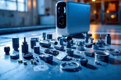 Mobiele camera reserveonderdelen inclusief batterijen, beugels en lensbeschermers op industriële ondergrond