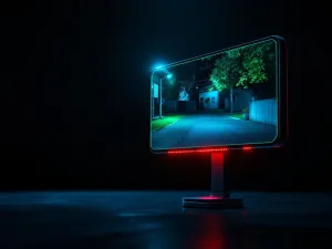 Mobiele beveiligingscamera met nachtzicht toont groene surveillance-beelden op digitaal scherm in donkere omgeving