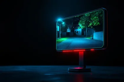 Mobiele beveiligingscamera met nachtzicht toont groene surveillance-beelden op digitaal scherm in donkere omgeving