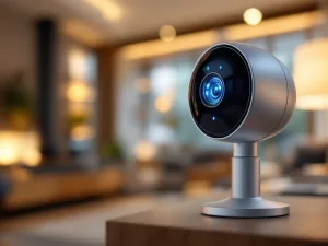 Moderne slimme beveiligingscamera met koepellens en blauwe LED-indicatoren in elegant huisinterieur