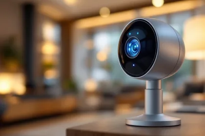 Moderne slimme beveiligingscamera met koepellens en blauwe LED-indicatoren in elegant huisinterieur
