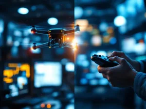 Autonome beveiligingsdrone met gloeiende sensoren tegenover menselijke handen die dronecontroller vasthouden in split-screen