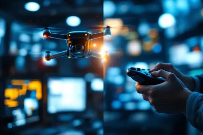 Autonome beveiligingsdrone met gloeiende sensoren tegenover menselijke handen die dronecontroller vasthouden in split-screen