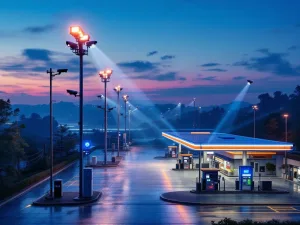 Moderne tankstation bij schemering met geavanceerde beveiligingscamera's, LED-verlichting en mobiele bewakingseenheden