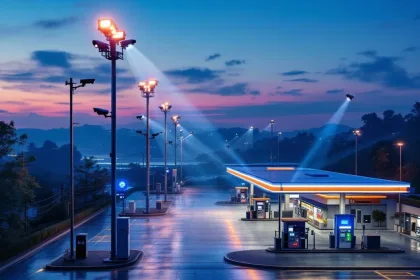 Moderne tankstation bij schemering met geavanceerde beveiligingscamera's, LED-verlichting en mobiele bewakingseenheden