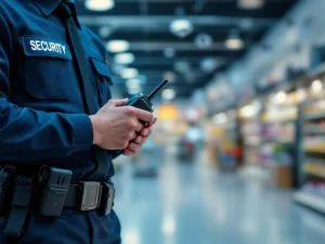 Beveiligingsbeambte met portofoon in moderne winkel met beveiligingscamera's en gangpaden op de achtergrond