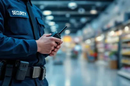 Beveiligingsbeambte met portofoon in moderne winkel met beveiligingscamera's en gangpaden op de achtergrond
