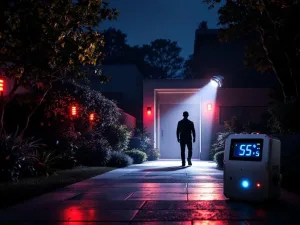 Moderne woning 's nachts met beveiligingssysteem: bewegingssensoren, camera's en schijnwerpers detecteren indringer