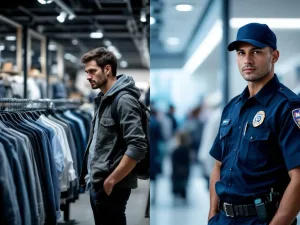 Twee beveiligingsprofessionals in winkel: burger rechercheur tussen klanten en geüniformeerde bewaker bij ingang