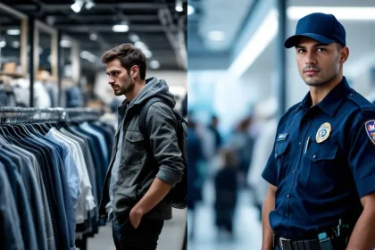 Twee beveiligingsprofessionals in winkel: burger rechercheur tussen klanten en geüniformeerde bewaker bij ingang