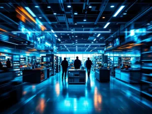 Beveiligingsmonitoren tonen verdachte bewegingen in winkelgangen met professionele bewakingsapparatuur op voorgrond