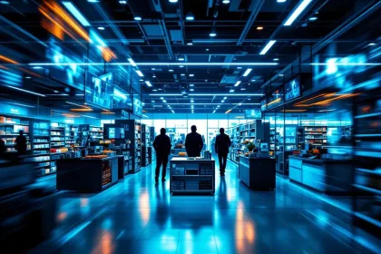 Beveiligingsmonitoren tonen verdachte bewegingen in winkelgangen met professionele bewakingsapparatuur op voorgrond