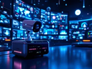 Moderne beveiligingscontrolekamer met gebogen monitoren, bewakingscamera en holografische veiligheidsinterfaces in blauw licht