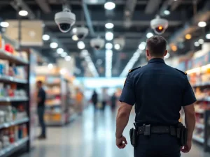 Beveiliger in uniform patrouilleert door moderne winkel met beveiligingscamera's aan het plafond