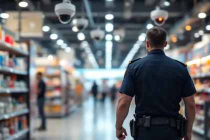 Beveiliger in uniform patrouilleert door moderne winkel met beveiligingscamera's aan het plafond