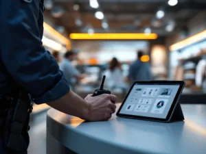 Beveiligingsbeambte met radio-uitrusting en bewakingstablet in moderne winkel met beveiligingscamera's