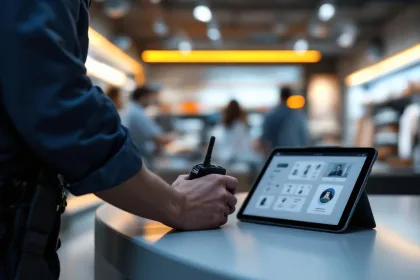 Beveiligingsbeambte met radio-uitrusting en bewakingstablet in moderne winkel met beveiligingscamera's