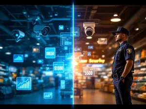 Moderne winkelbeveiliging: beveiligingscamera's links, professionele bewaker rechts, met holografische kostenvergelijking