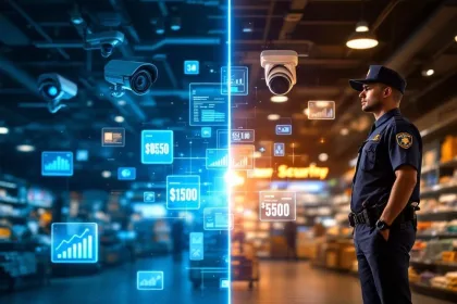 Moderne winkelbeveiliging: beveiligingscamera's links, professionele bewaker rechts, met holografische kostenvergelijking