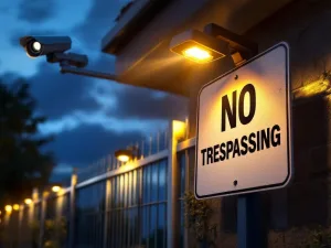 Moderne beveiligingsperimeter met bewegingssensoren, waarschuwingsbord en bewakingscamera bij schemering