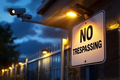 Moderne beveiligingsperimeter met bewegingssensoren, waarschuwingsbord en bewakingscamera bij schemering