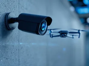 Zwarte beveiligingscamera en drone met blauwe technologie-verlichting voor moderne mobiele beveiliging