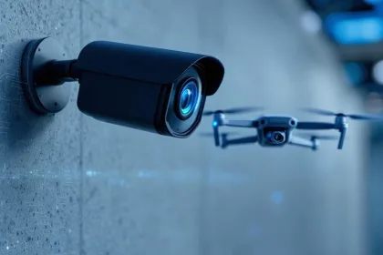 Zwarte beveiligingscamera en drone met blauwe technologie-verlichting voor moderne mobiele beveiliging