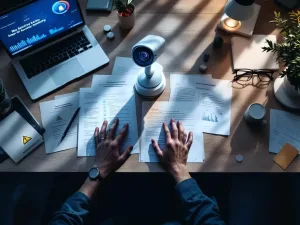 Beveiligingscamera op modern kantoorbureau bewaakt documenten terwijl hand naar vertrouwelijke bestanden reikt