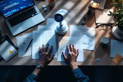 Beveiligingscamera op modern kantoorbureau bewaakt documenten terwijl hand naar vertrouwelijke bestanden reikt