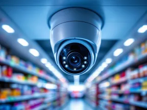 Moderne beveiligingscamera aan wit plafond boven winkelschappen met kleurrijke producten