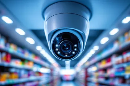 Moderne beveiligingscamera aan wit plafond boven winkelschappen met kleurrijke producten