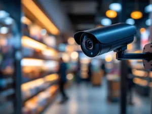 Beveiligingscamera op metalen beugel in moderne winkel met productplanken op achtergrond