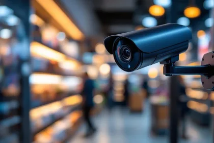 Beveiligingscamera op metalen beugel in moderne winkel met productplanken op achtergrond